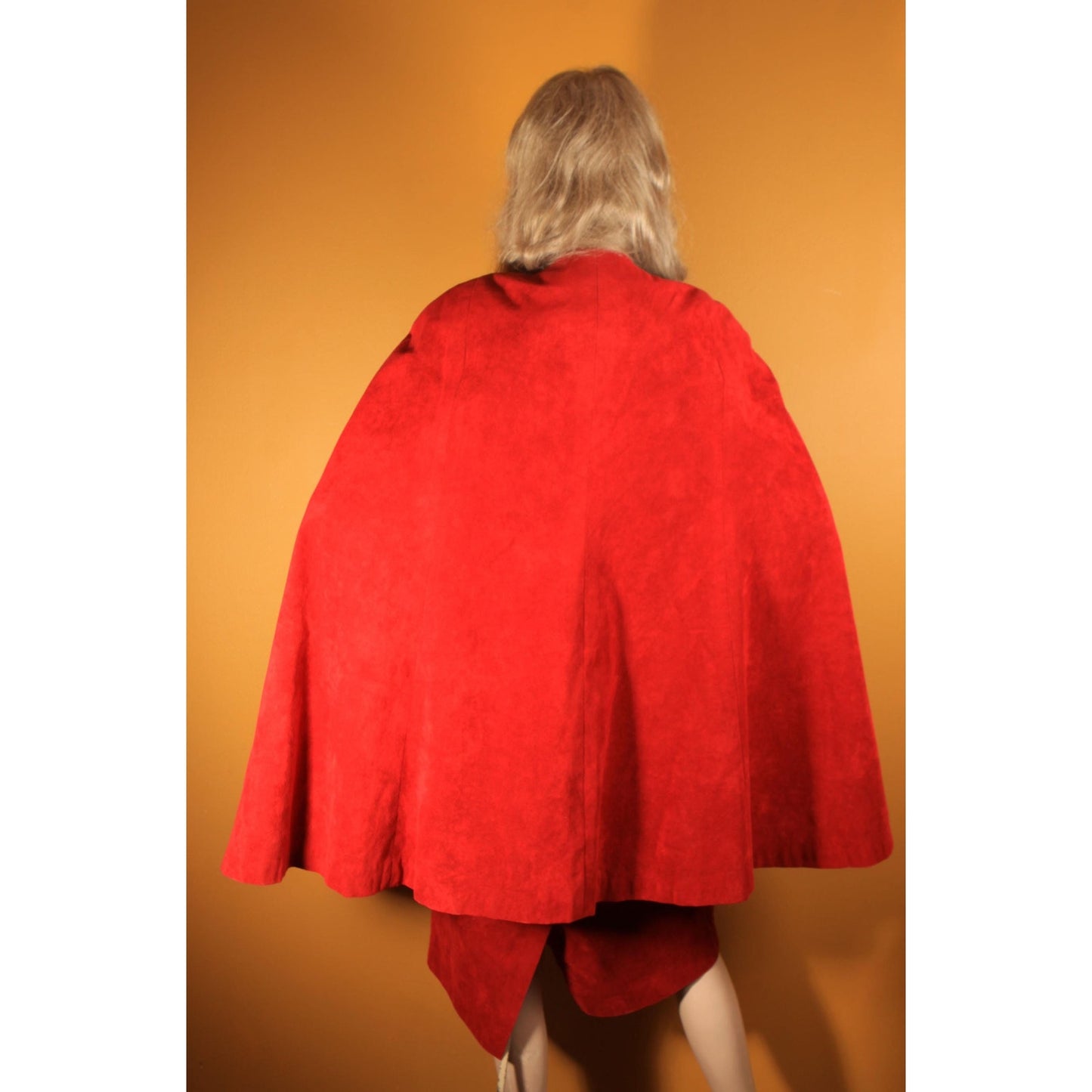 1970s Dark Red Microsuede Belted Cape with Matching Skirt Two Piece Outfit Skirt Suit -XL