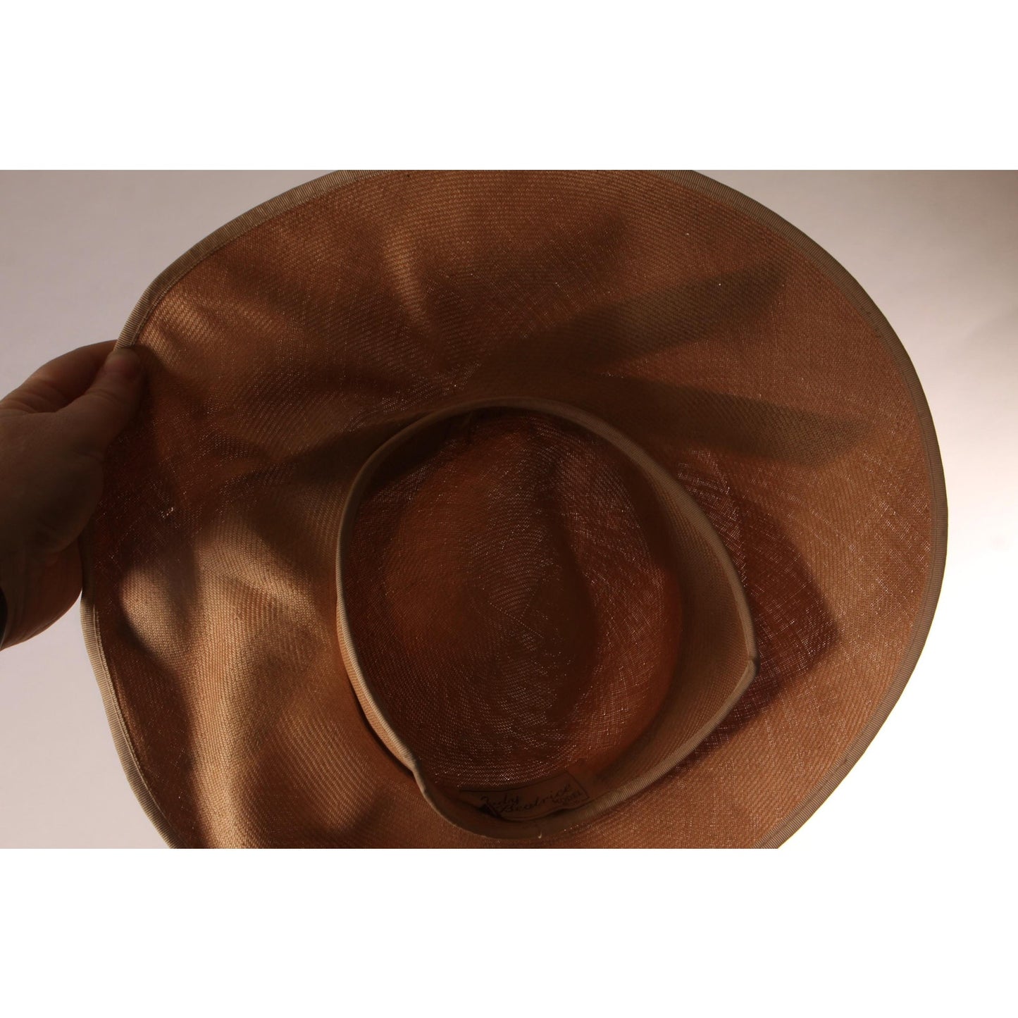 1940s Tan Straw Hat with Brown Velvet Bow Formal Wide Brim Sun Hat by Lady Beatrice Model