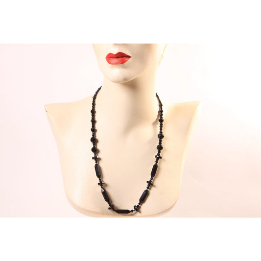 1950s Black Faceted Oval, Rounded and Disc Shaped Glass Beaded Necklace