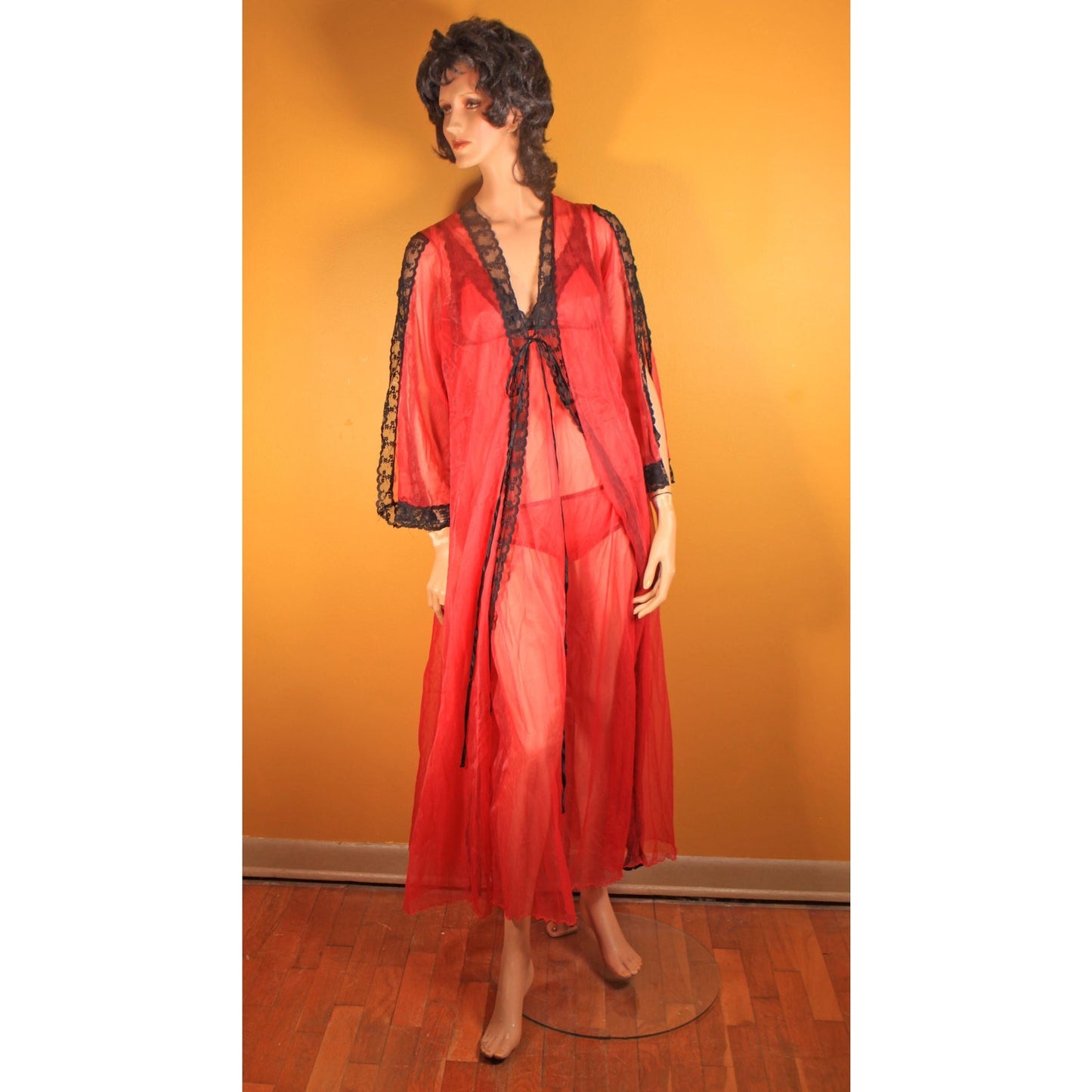 1960s Red and Black Open Side Night Gown with Matching Panties and Open Sleeve Robe Three Piece Lingerie Set