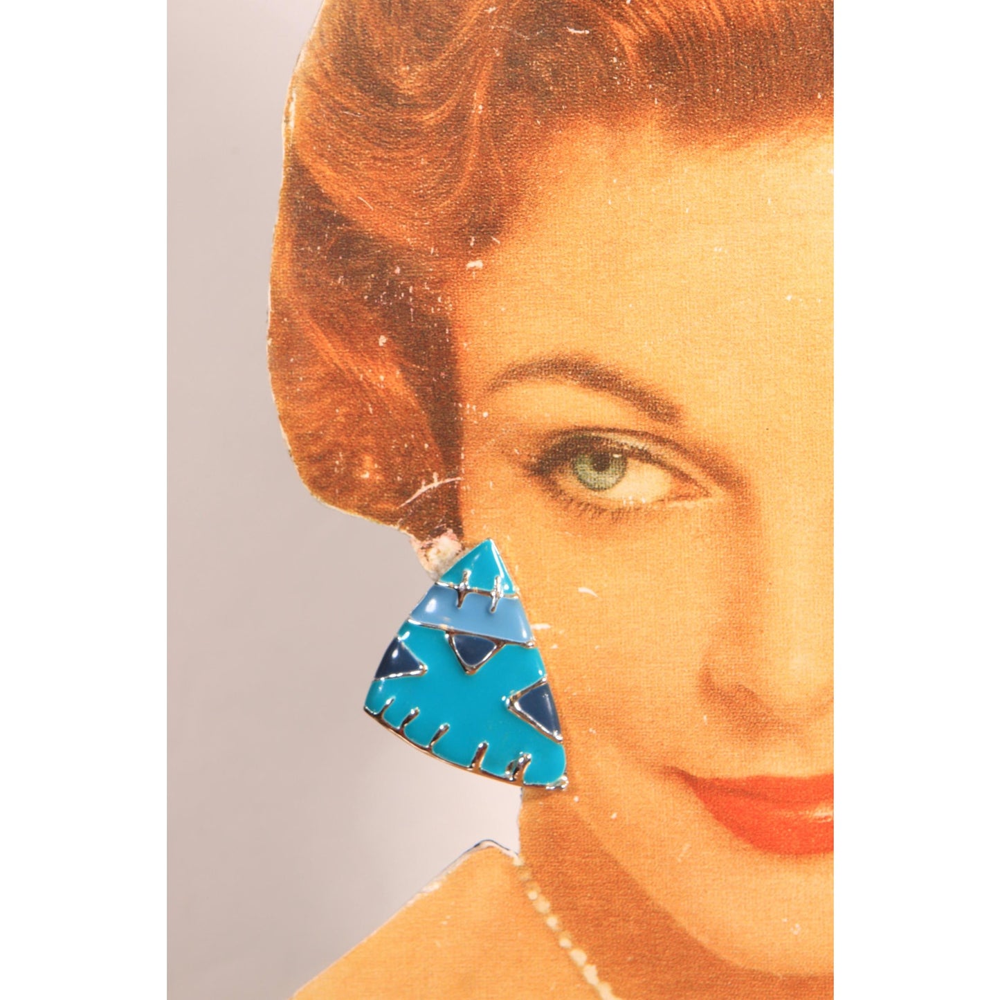 1950s Turquoise Blue and Navy Blue Geometric Triangle Metal Pierced Earrings