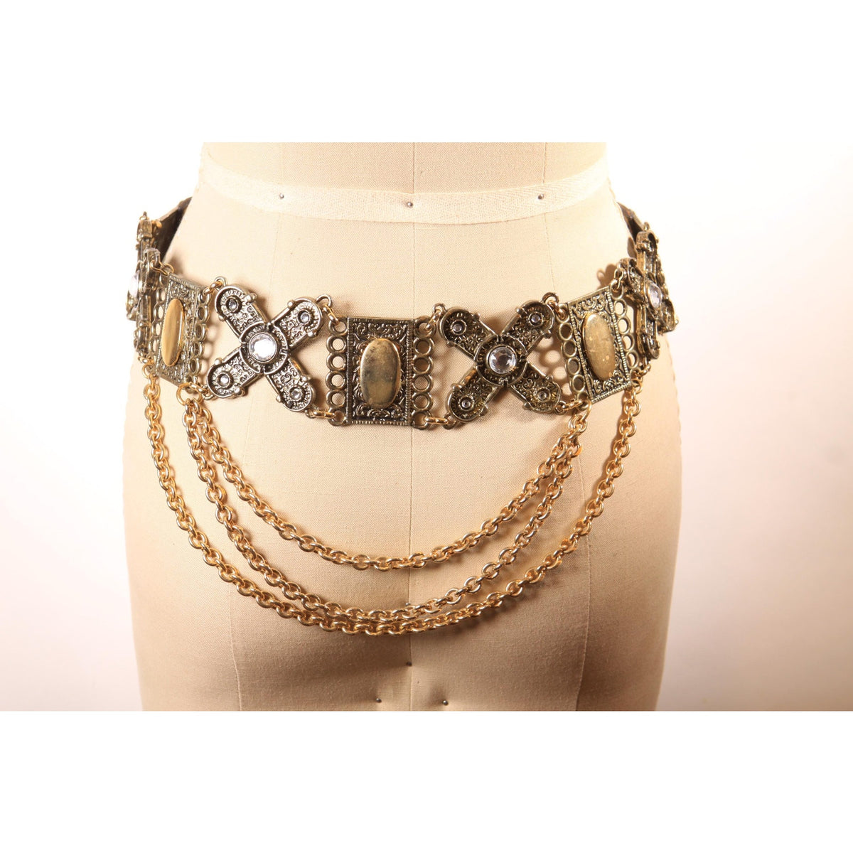 1980s Black Leather and Gold Brass Tone Metal Chain Draped Belt by Leatherock -M