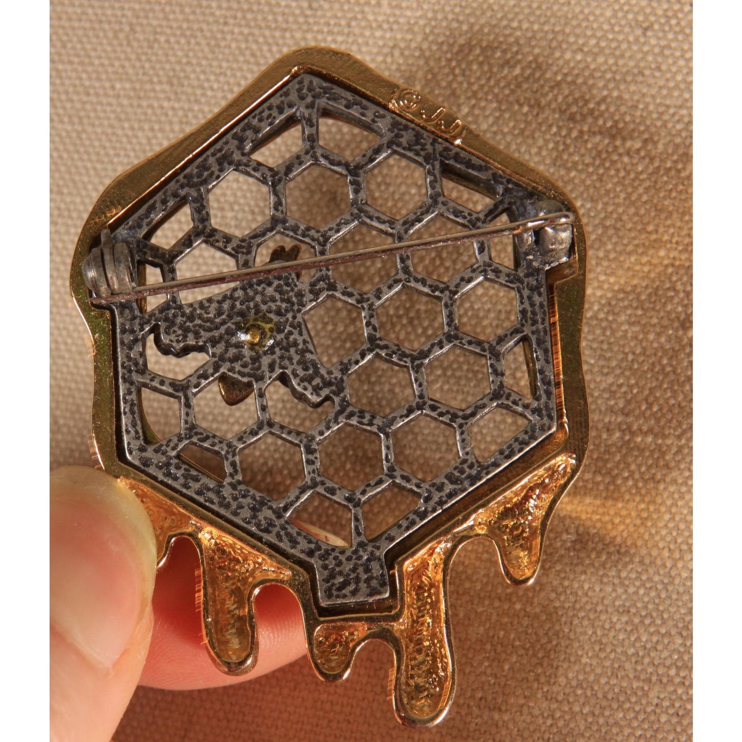 1980s Gold Tone and Silver Tone Metal Novelty Honey Beehive Bee Brooch