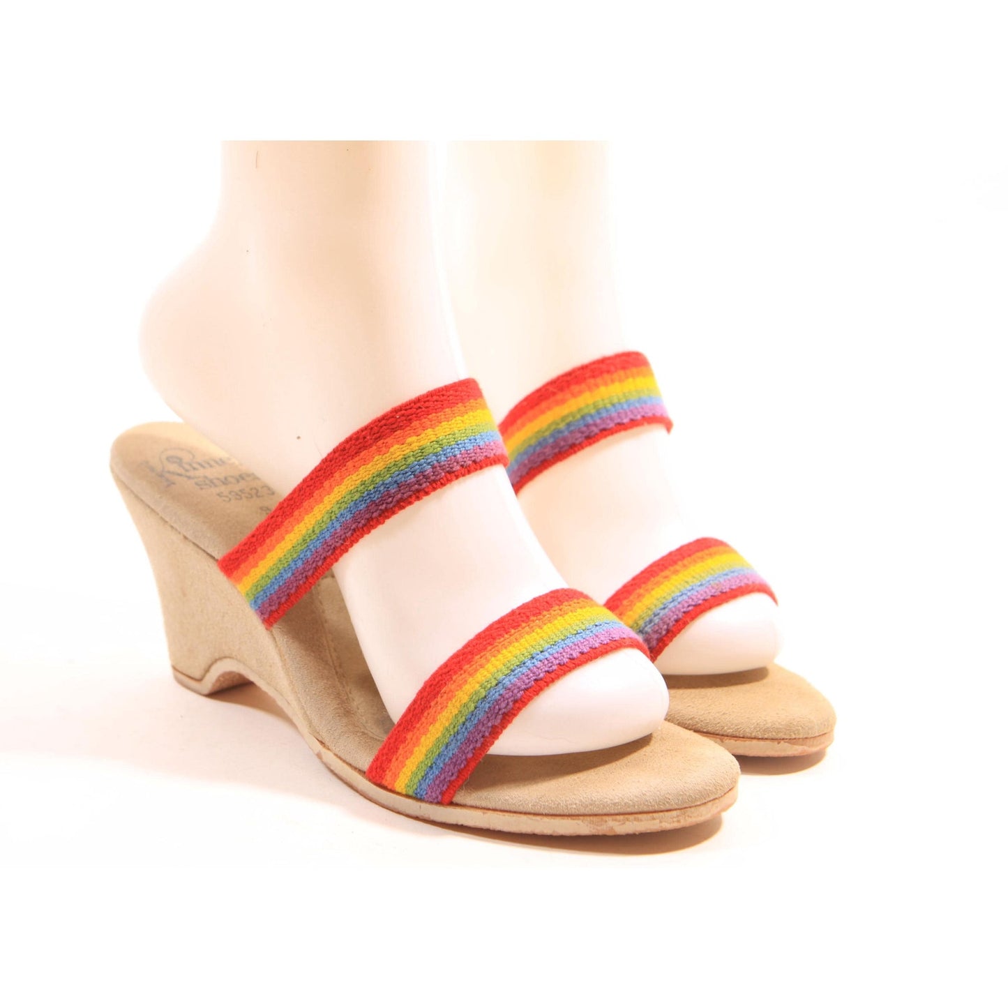 1970s 1980s Rainbow Strap Wedge High Heel Sandals by Kinney Shoes - Size 9