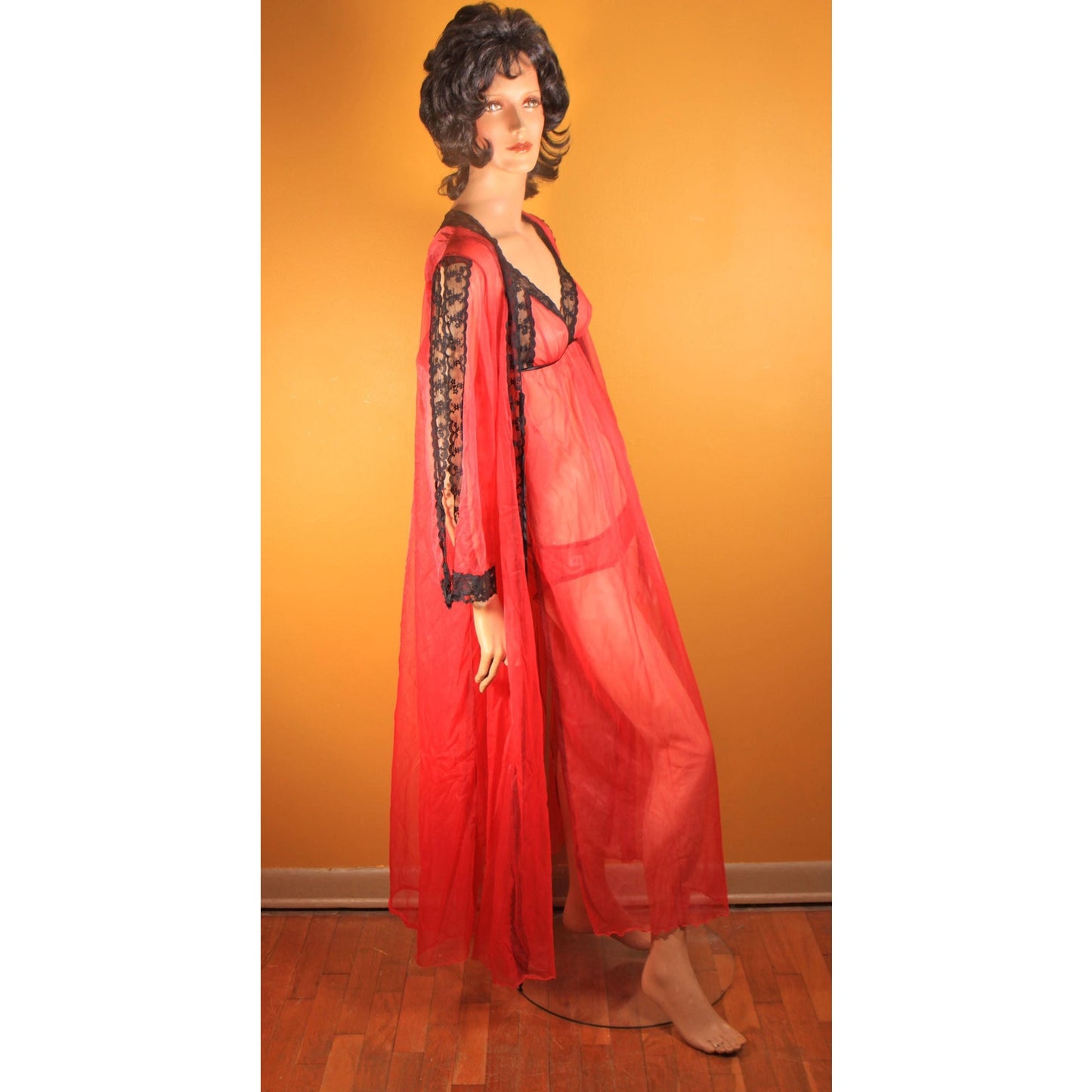 1960s Red and Black Open Side Night Gown with Matching Panties and Open Sleeve Robe Three Piece Lingerie Set