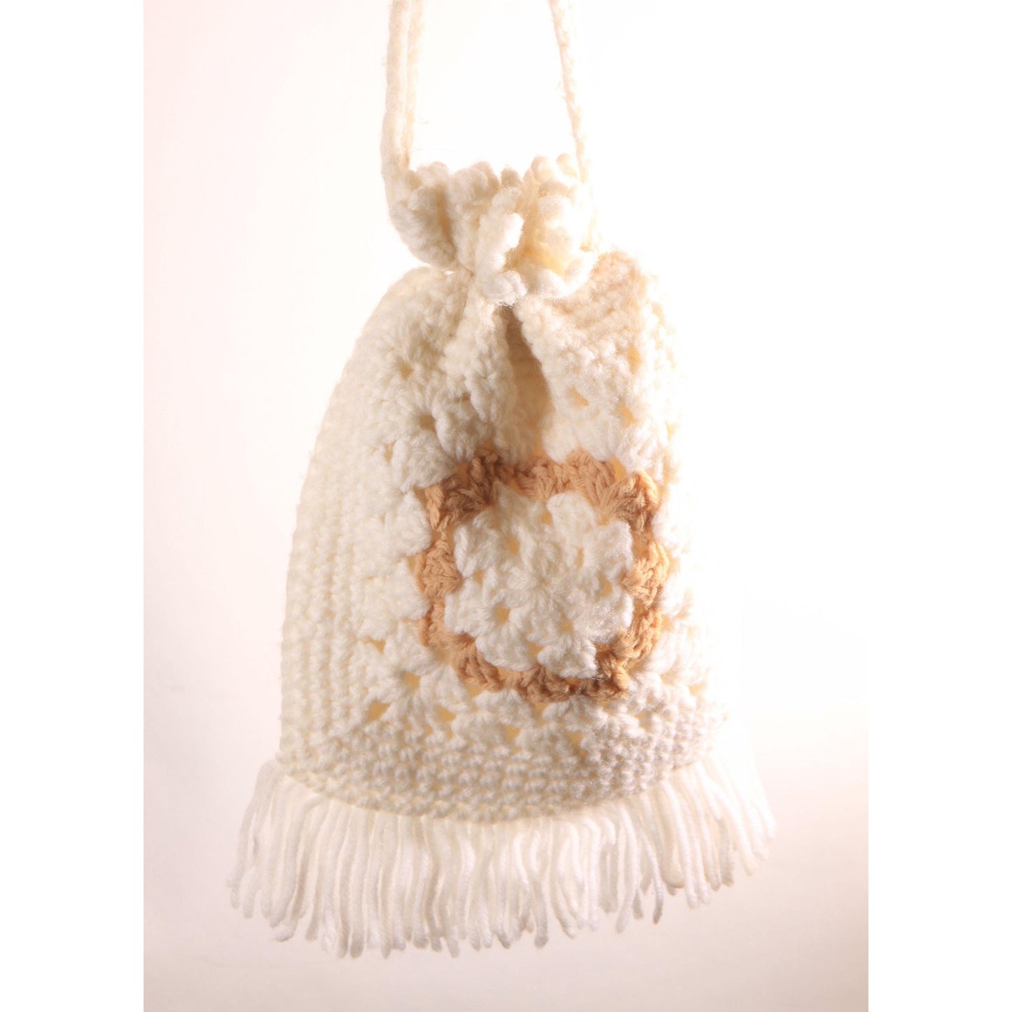 1970s White and Tan Granny Square Crochet Drawstring Fringe Purse Bag