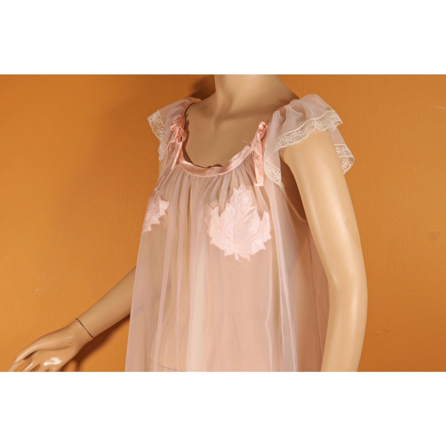 1950s Sheer Illusion Pink Fig Leaf Risque Pin Up Eves Leaves Babydoll Peignoir Night Gown by Chevette
