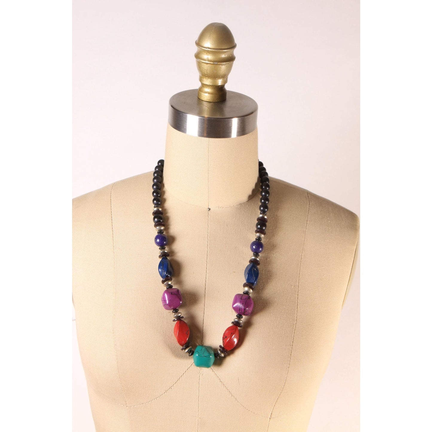 1980s Black, Teal and Burgundy Chunky Beaded Necklace