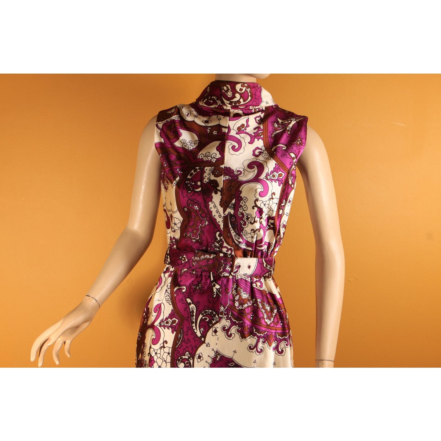 1960s Purple, White, Black Brown Psychedelic Swirl Sleeveless Belted Dress with Matching Long Sleeve Jacket Two Piece Outfit by Leo Narducci