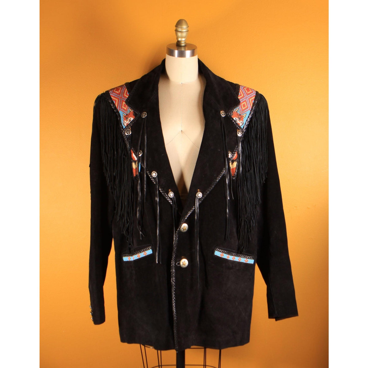 1980s Black Suede Leather Star Embellishments Novelty Beaded Wolf Fox Blue and Red Fringe Mens Western Coat by Diamond Leathers