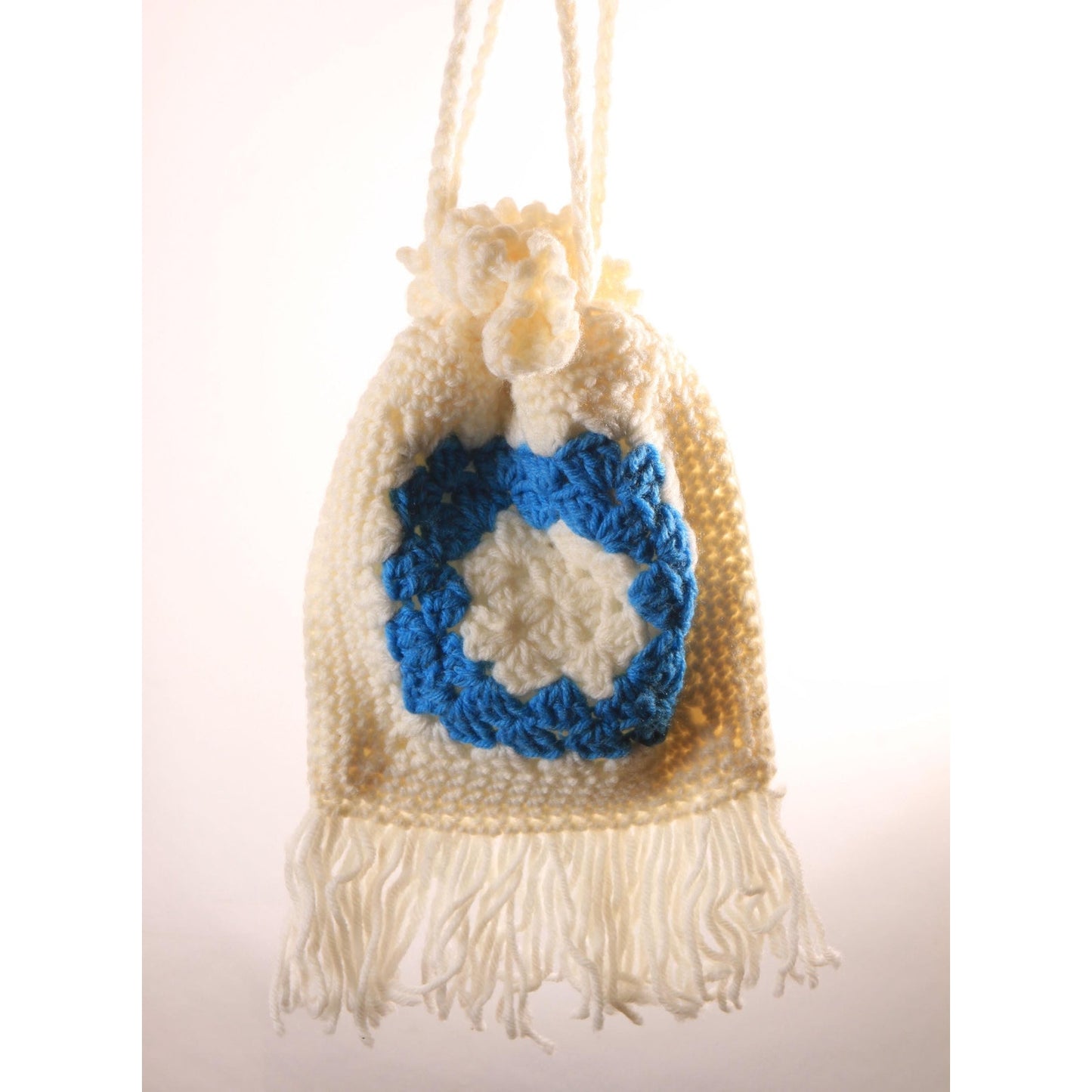 1970s White and Turquoise Blue Crochet Granny Square Drawstring Fringe Purse Bag