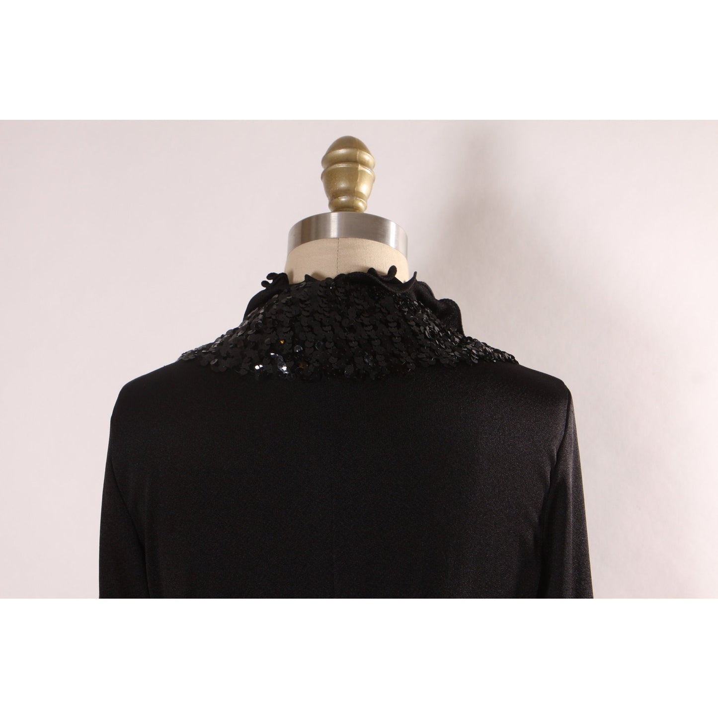 1970s Black Long Sleeve Ruffle Collar Sequin Detail Full Length Middle Slit Dress by Lynn Stevens -L