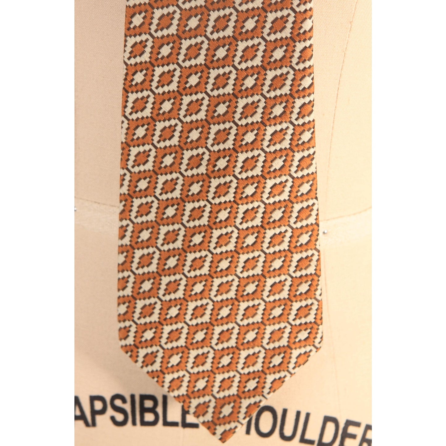 1960s Brown and Cream Off White Geometric Clip On Necktie Tie by Rhynecliffe