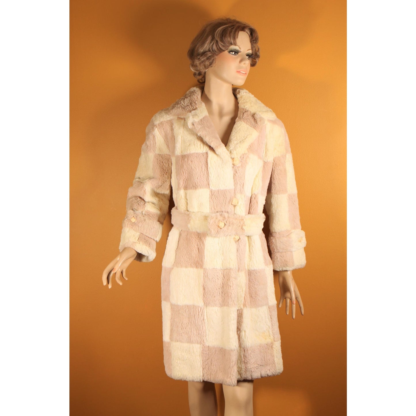 1960s Light Pink and White Sheared Dyed Chinchilla Fur Checkerboard Mod Belted Coat by Famous Barr -M-L