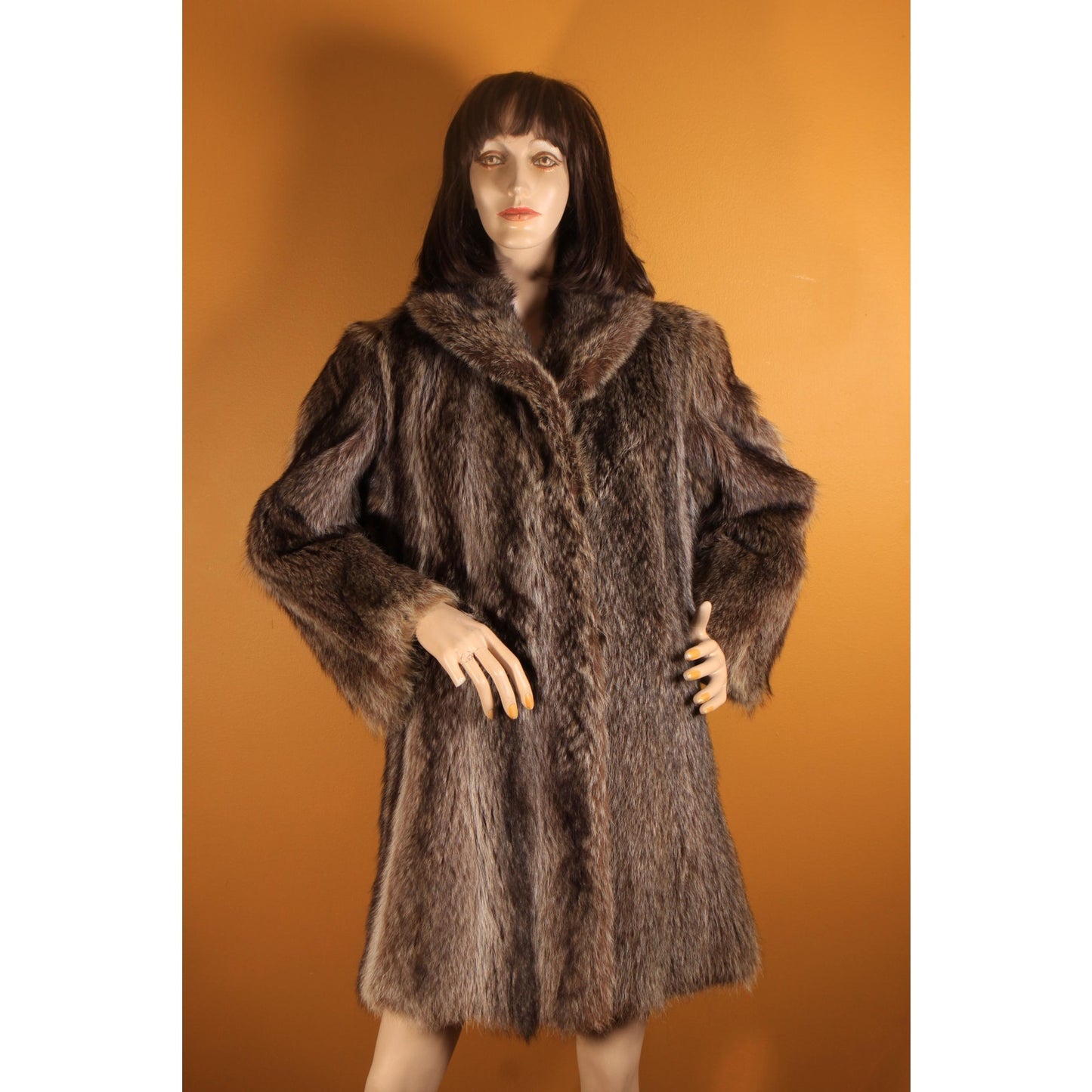 1970s Gray and Black Long Sleeve Raccoon Fur Coat -XL