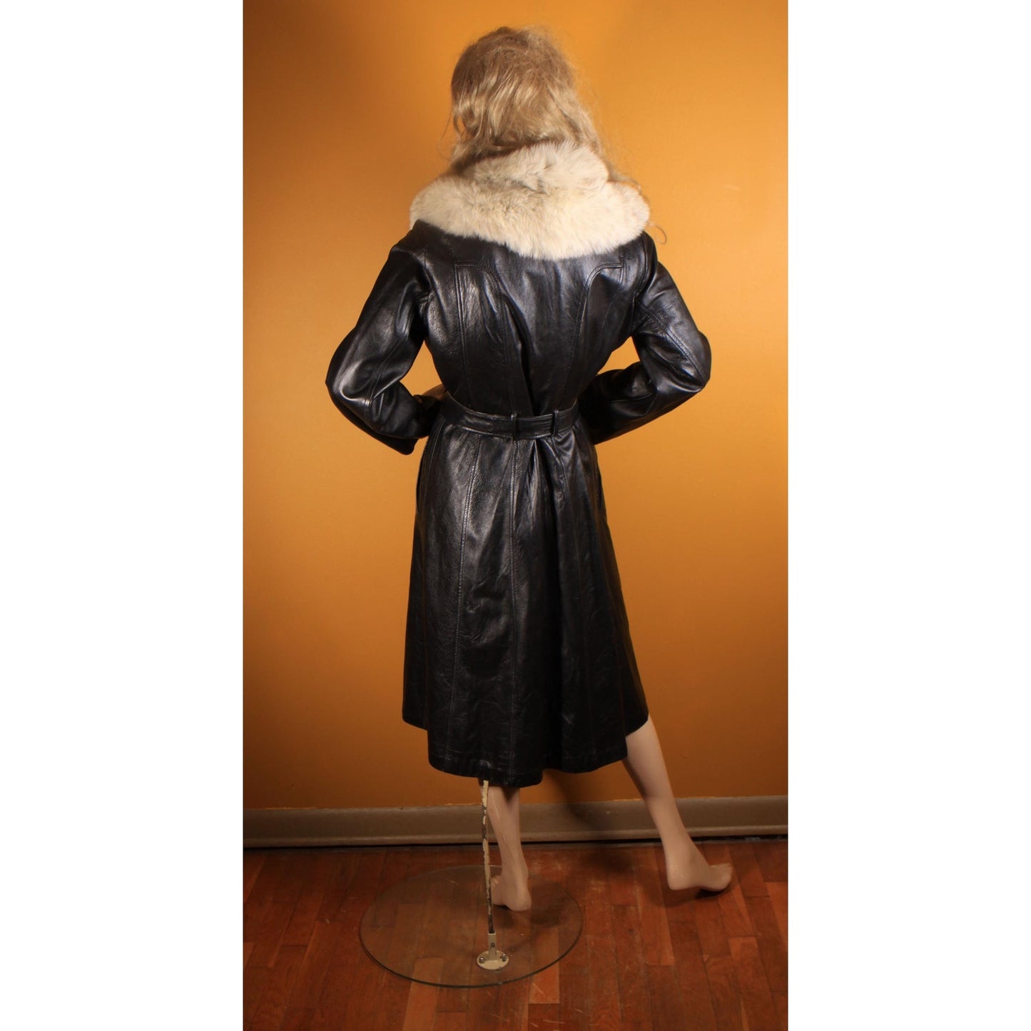 1970s Black Leather Long Sleeve Fox Fur Collar Trench Coat by Imperial -M-L