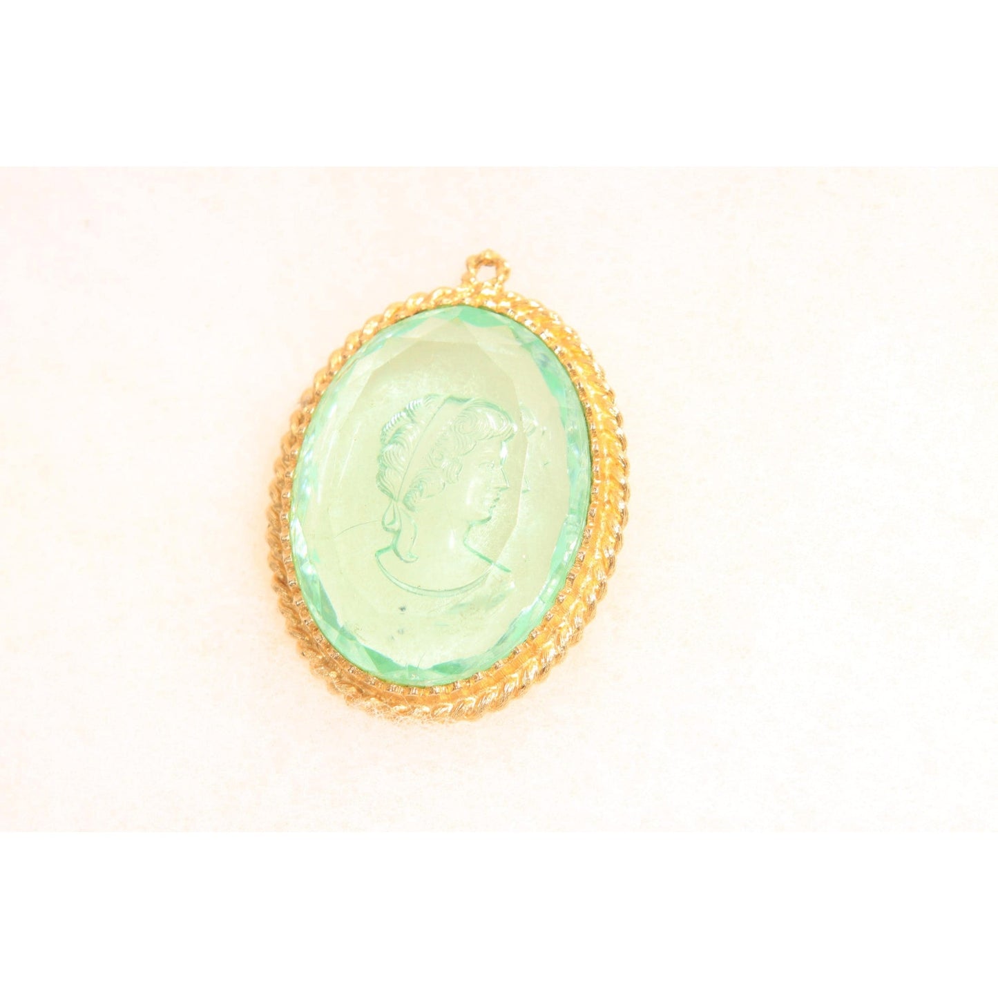 1970s Gold Tone Metal Blue Clear Glass Cameo Etched Glass Necklace Pendant