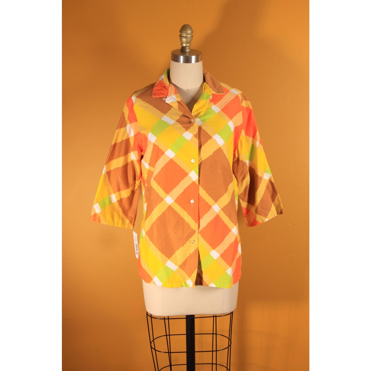 1960s Yellow, Orange, Green and Brown Plaid 3/4 Length Sleeve Button Down Blouse by MLM -L-XL