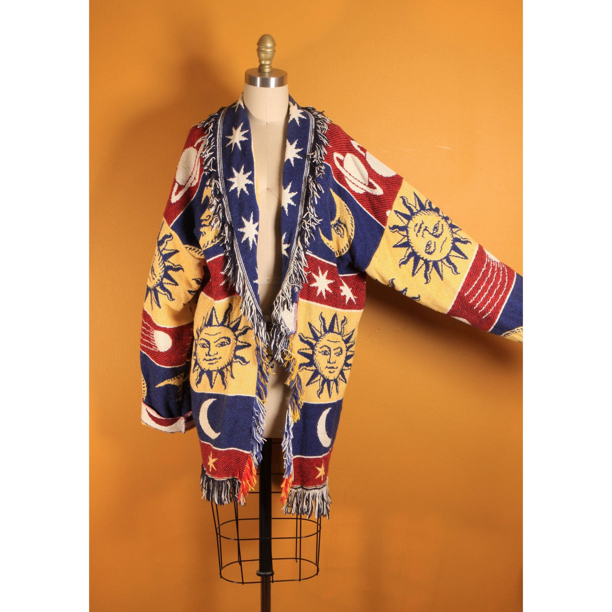1990s Navy Blue, Yellow, Red and White Novelty Celestial Sun, Moon and Stars Fringe Tapestry Quilt Blanket Jacket Coat -M-XL