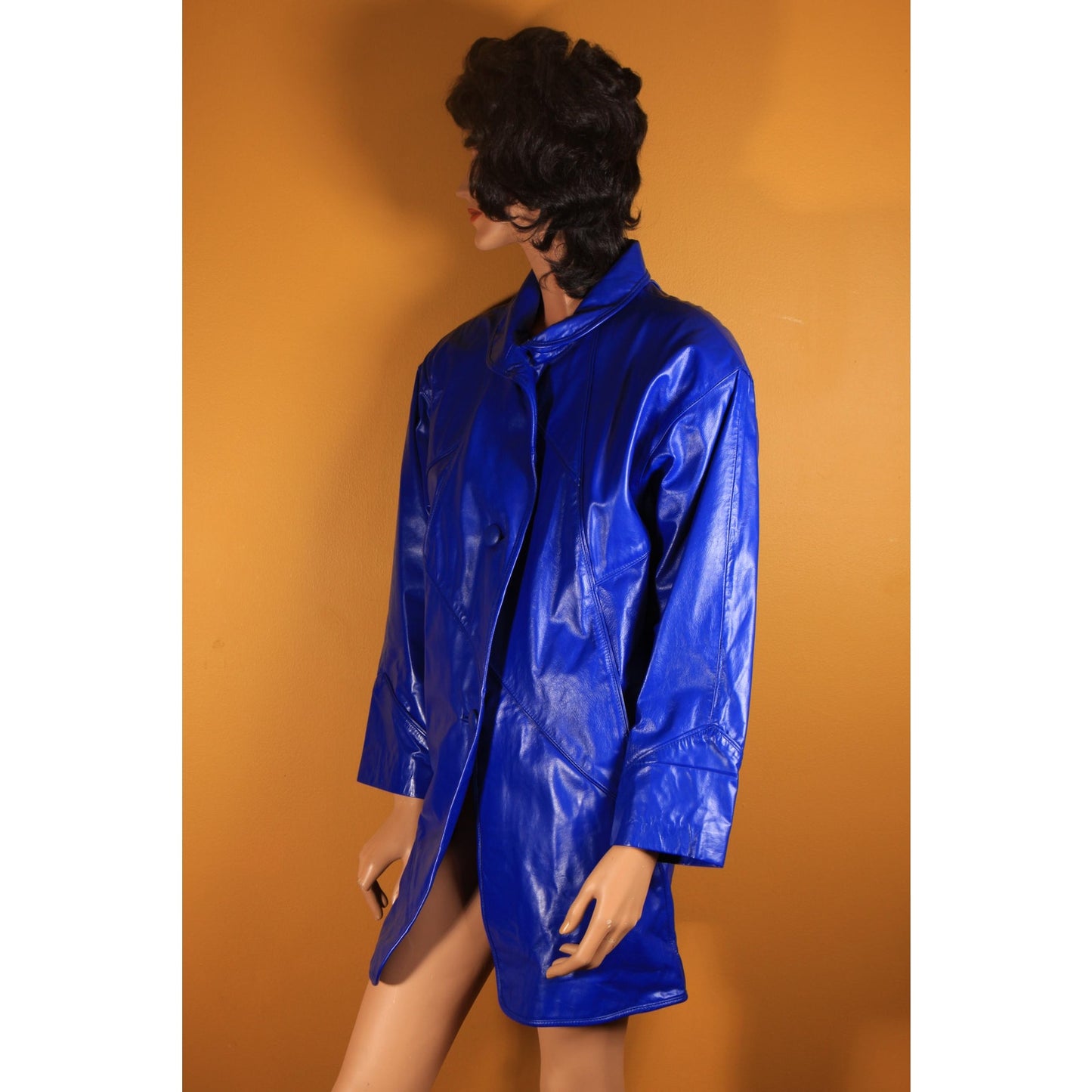 1980s Bright Blue Leather Button Down Long Sleeve Coat by Comint Leather -S