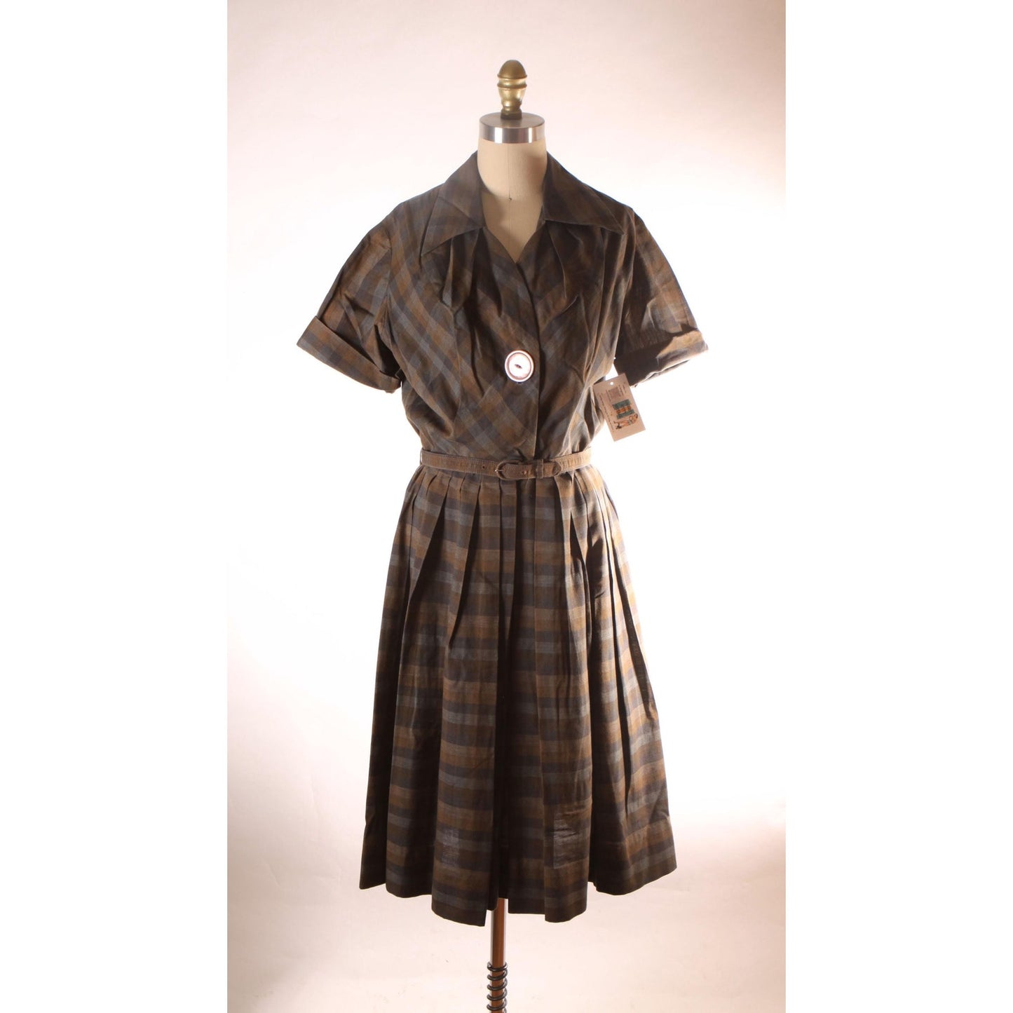 1950s Brown and Gray Plaid Oversized Button Short Sleeve Fit and Flare Belted Dress by Fashionmaker -M