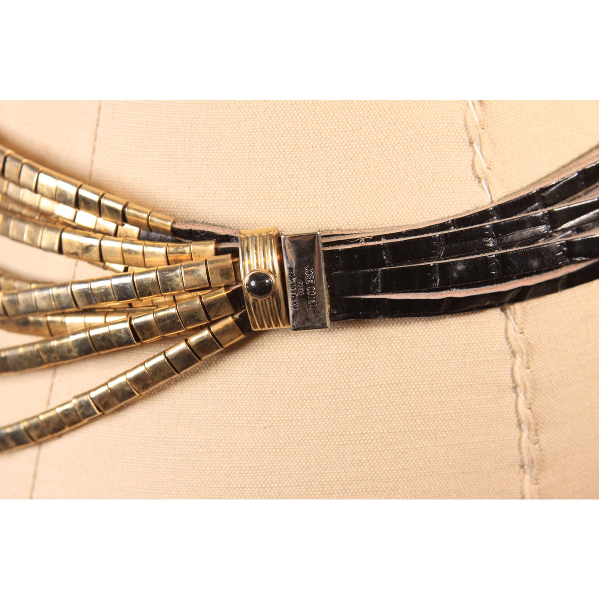 1980s Black Leather and Gold Tone Metal Draped Chain Belt Faux Gemstone Belt