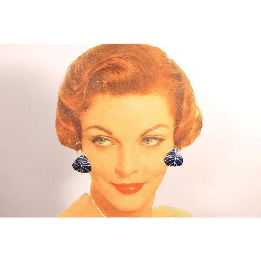 1980s Dark Blue and White Paint Splatter Triangle Geometric Stud Pierced Earrings