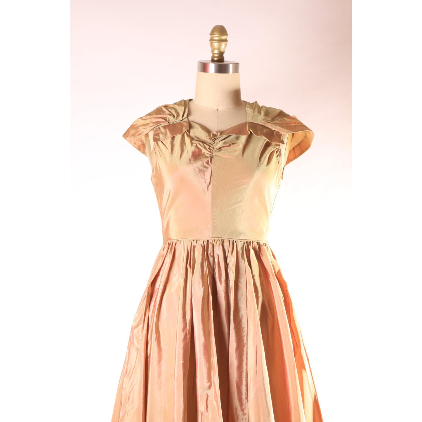 1940s Bronze Brown and Green Sharkskin Acetate Sleeveless Attached Wrap Full Length Formal Prom Dress -XS