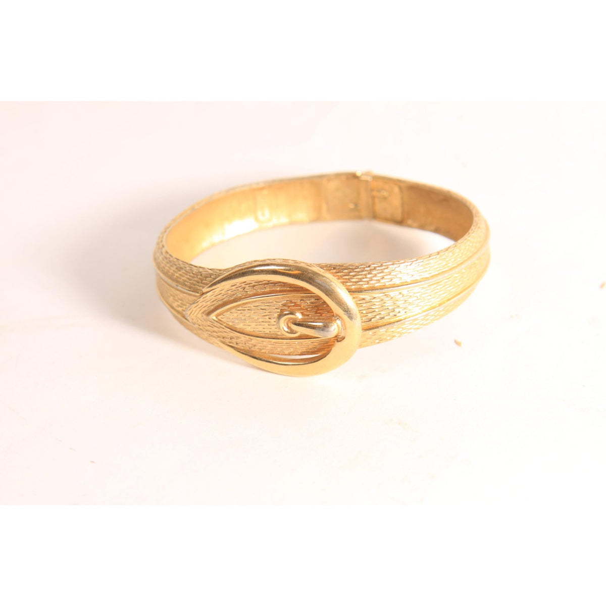 1970s 1980s Gold Tone Metal Novelty Buckle Hinged Clamper Bracelet by Avon