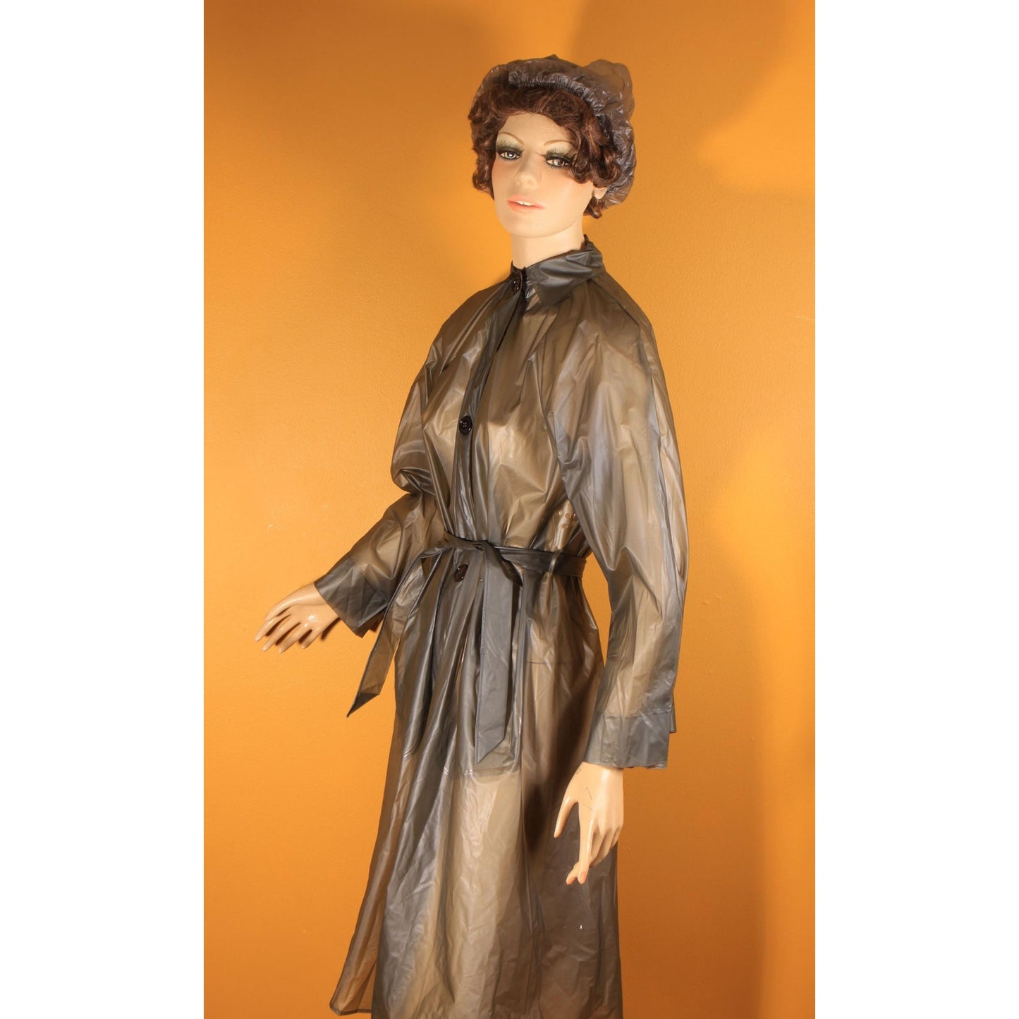 1950s 1960s See Through Gray Button Down Belted Raincoat with Matching Rain Bonnet by Aqua Sheen by Exylin -S