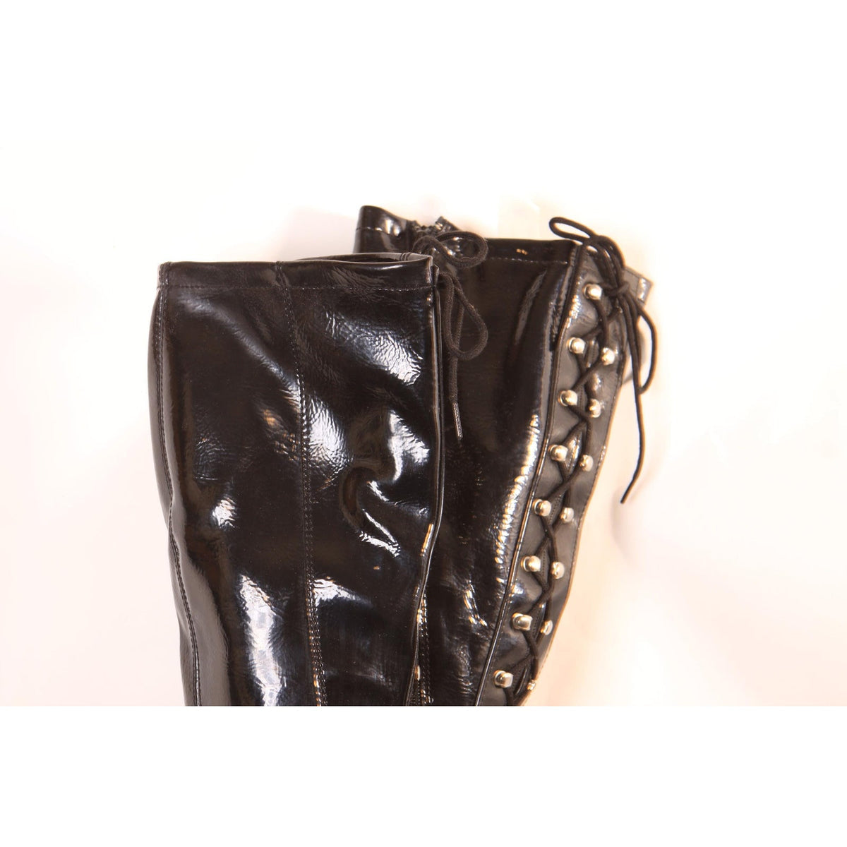 Deadstock 1960s Black with Silver Tone Eyelet, Speed Hook Lace Up and Zippered Go Go Boots - Made in Japan-Size 7