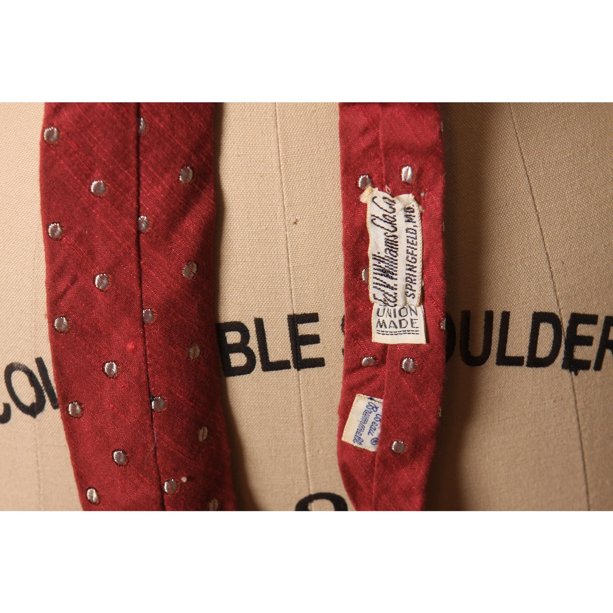 1950s Dark Red and White Coffee Bean Shape Polka Dot Print Skinny Necktie Tie by Beau Brummell