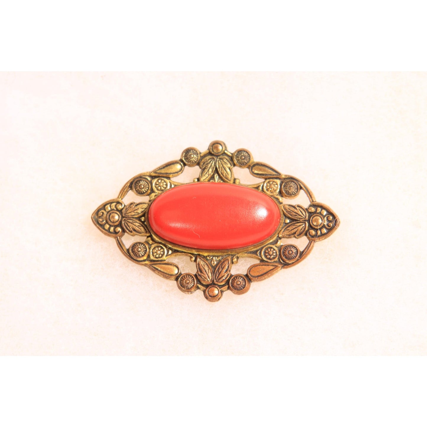 Antique 1900s 1910s Edwardian Gold Brass Tone Metal and Orange Red Brooch