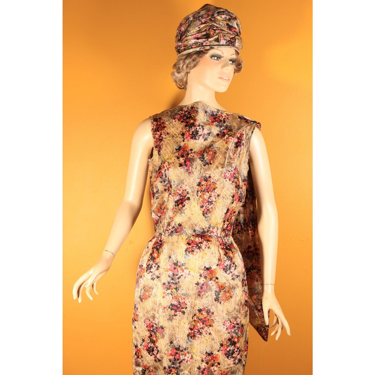 1950s Gray and Purple Floral Waterfall Sash Wiggle Dress with Matching Jacket and Hat Three Piece Outfit by Letizia Fuhr -S