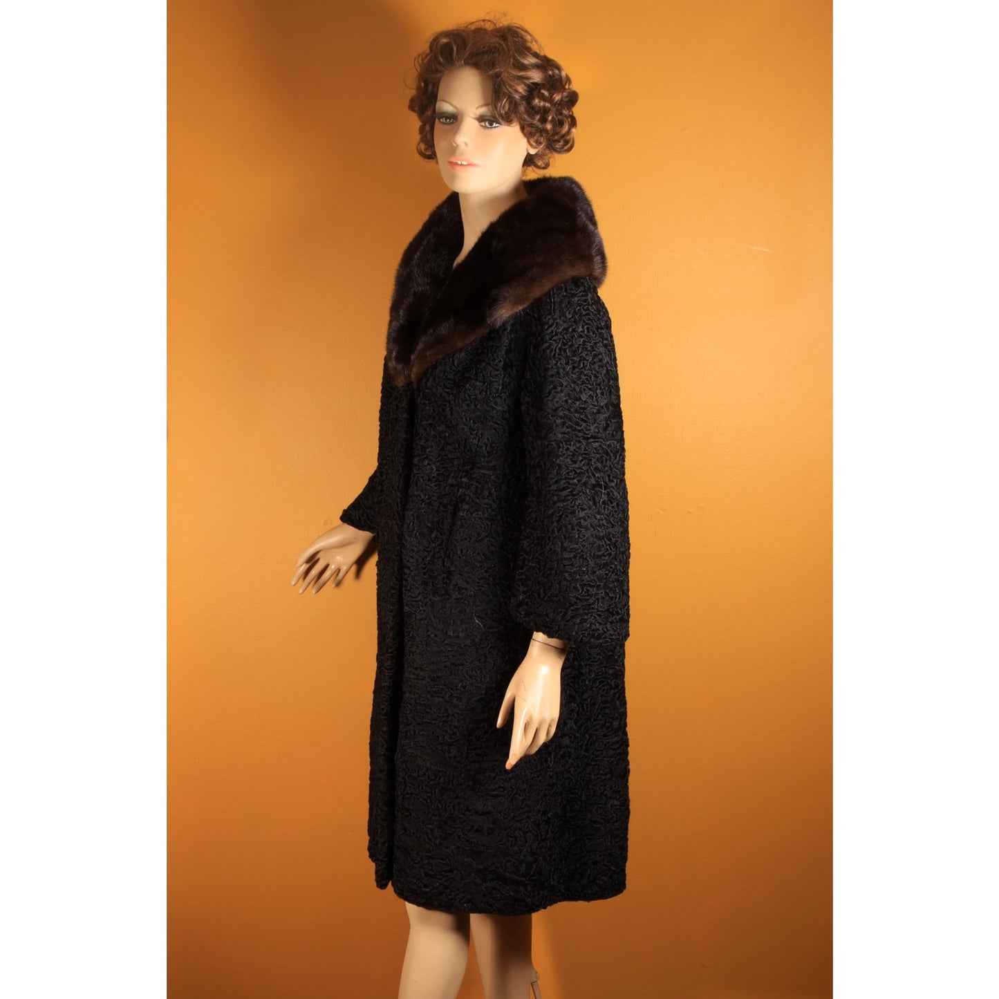 1950s Black Persian Lamb Fur and Mink Fur Trim Collar Long Sleeve Coat by Le Don Original Furs -M-L