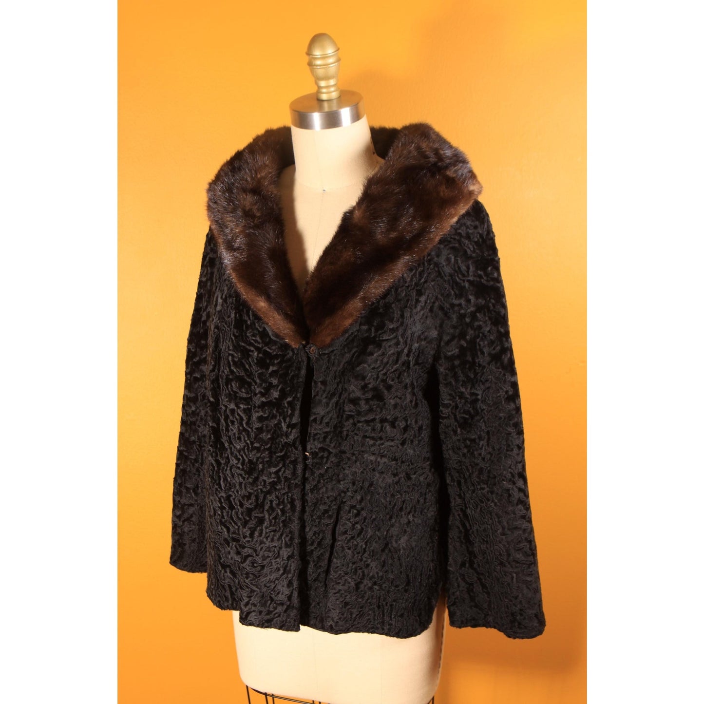 1950s Black Persian Lamb and Brown Mink Fur Trim Coat by Parker -M-L