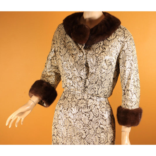 Early 1950s Gold & Brown Lurex Floral Mink Fur Trim Sleeveless Cocktail Dress with Matching Cropped Jacket and Muff by Terry Allen Original