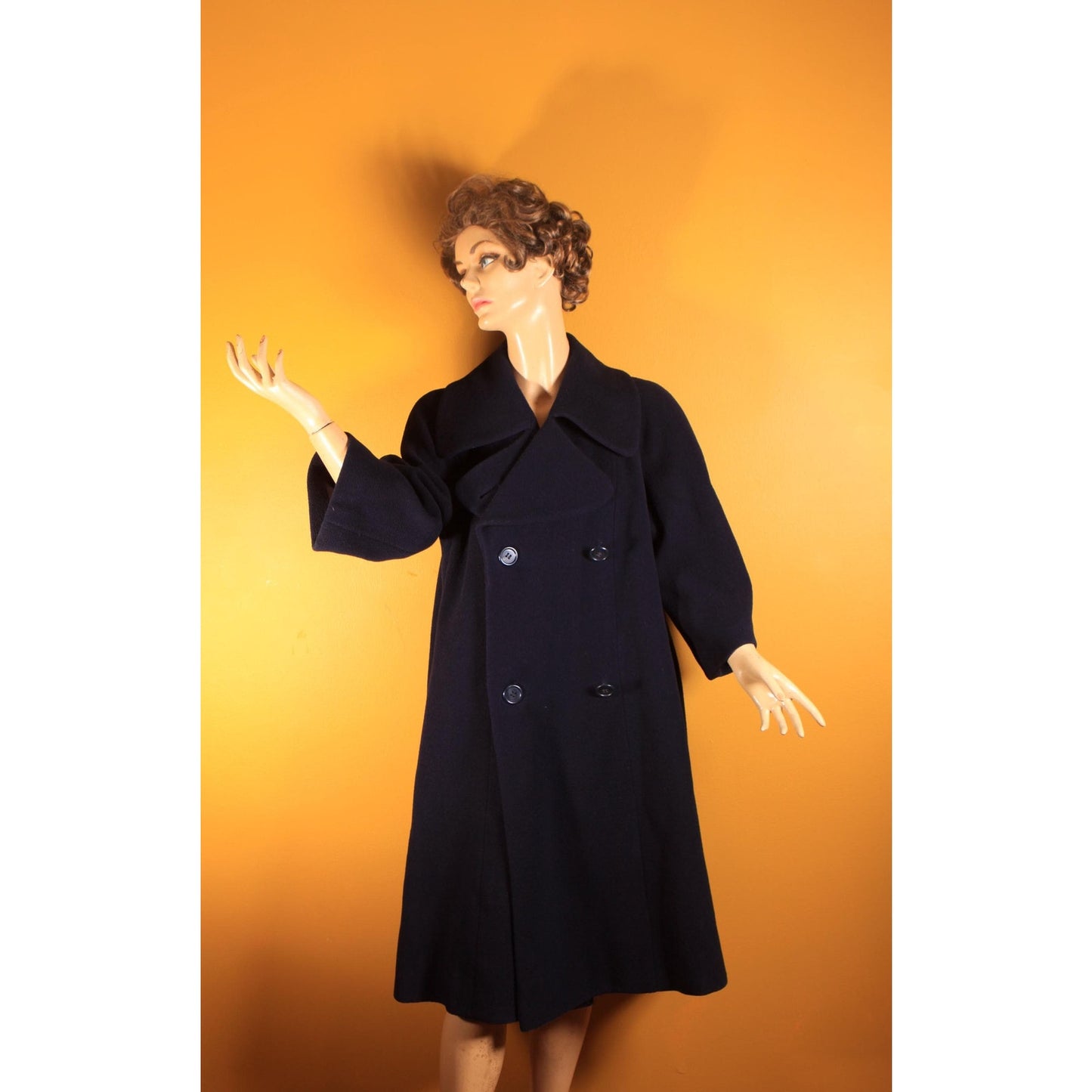 1950s Navy Blue Long Sleeve Button Up Pea Coat by Traina-Norell -XL
