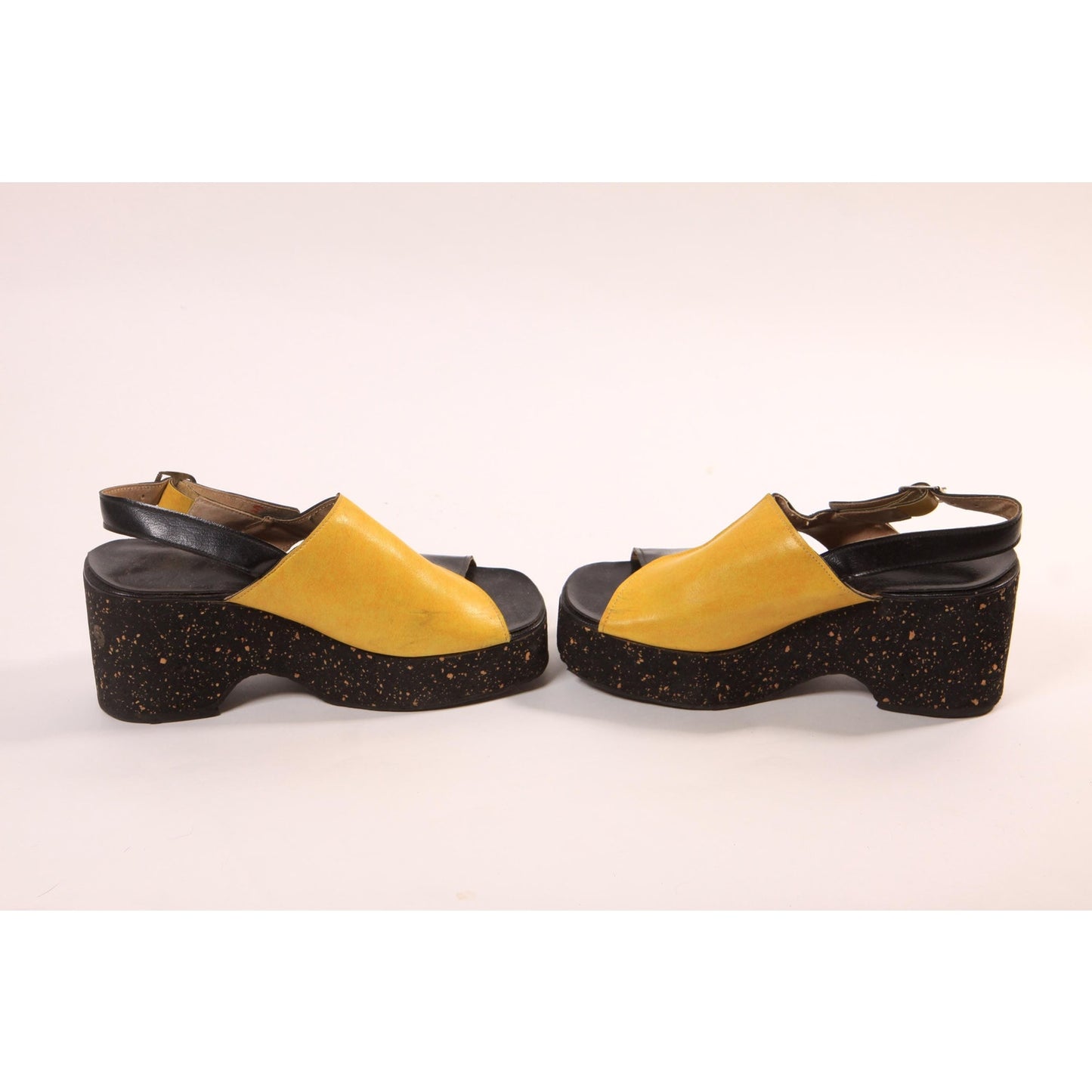 Late 1970s Early 1980s Black and Yellow Splatter Paint Platform High Heel Sandals
