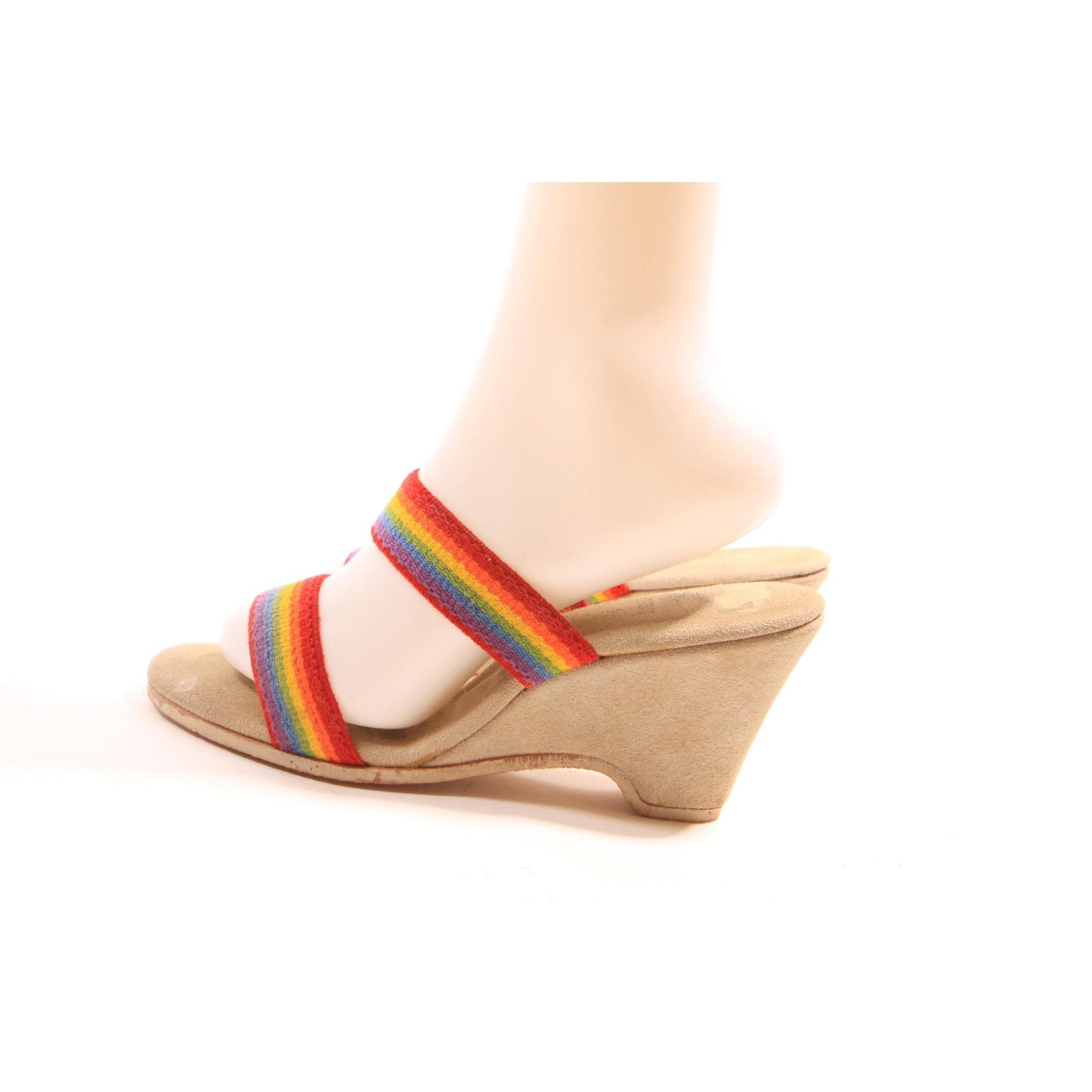 1970s 1980s Rainbow Strap Wedge High Heel Sandals by Kinney Shoes - Size 9