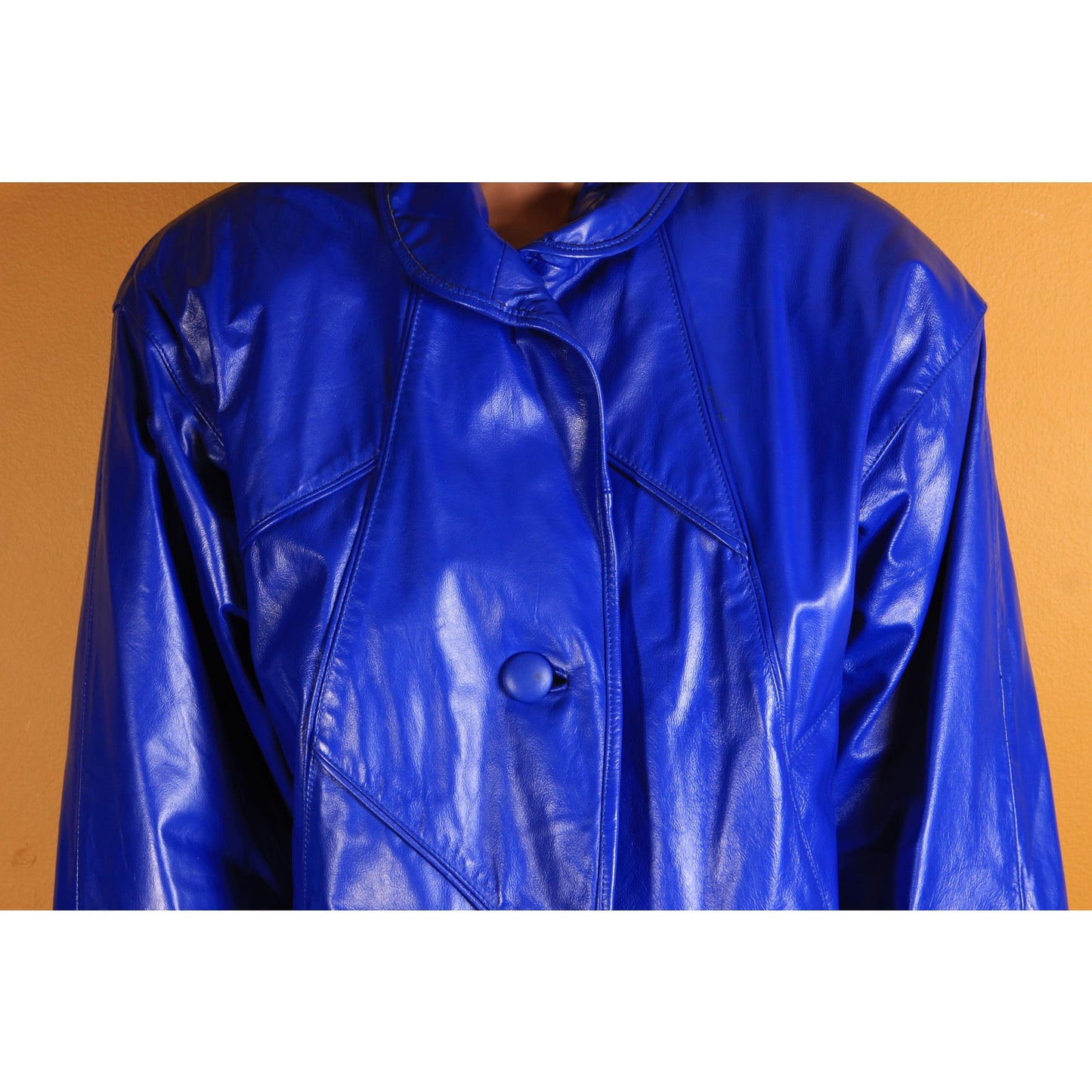 1980s Bright Blue Leather Button Down Long Sleeve Coat by Comint Leather -S