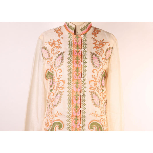 1960s Pale Beige Pink and Green Swirl Paisley Print Sheer Long Sleeve Hawaiian Dress by Alfred Shaheen -S-M