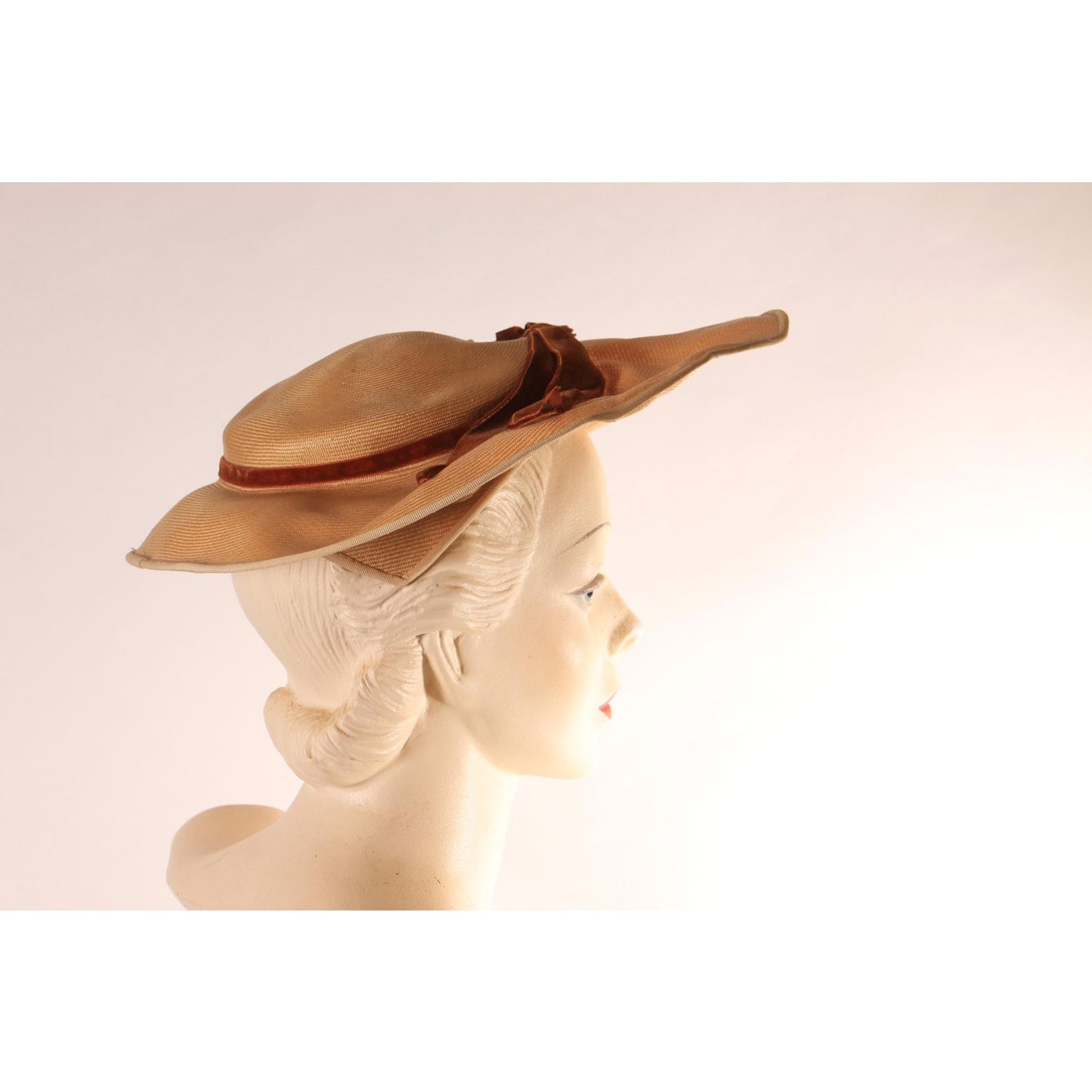 1940s Tan Straw Hat with Brown Velvet Bow Formal Wide Brim Sun Hat by Lady Beatrice Model