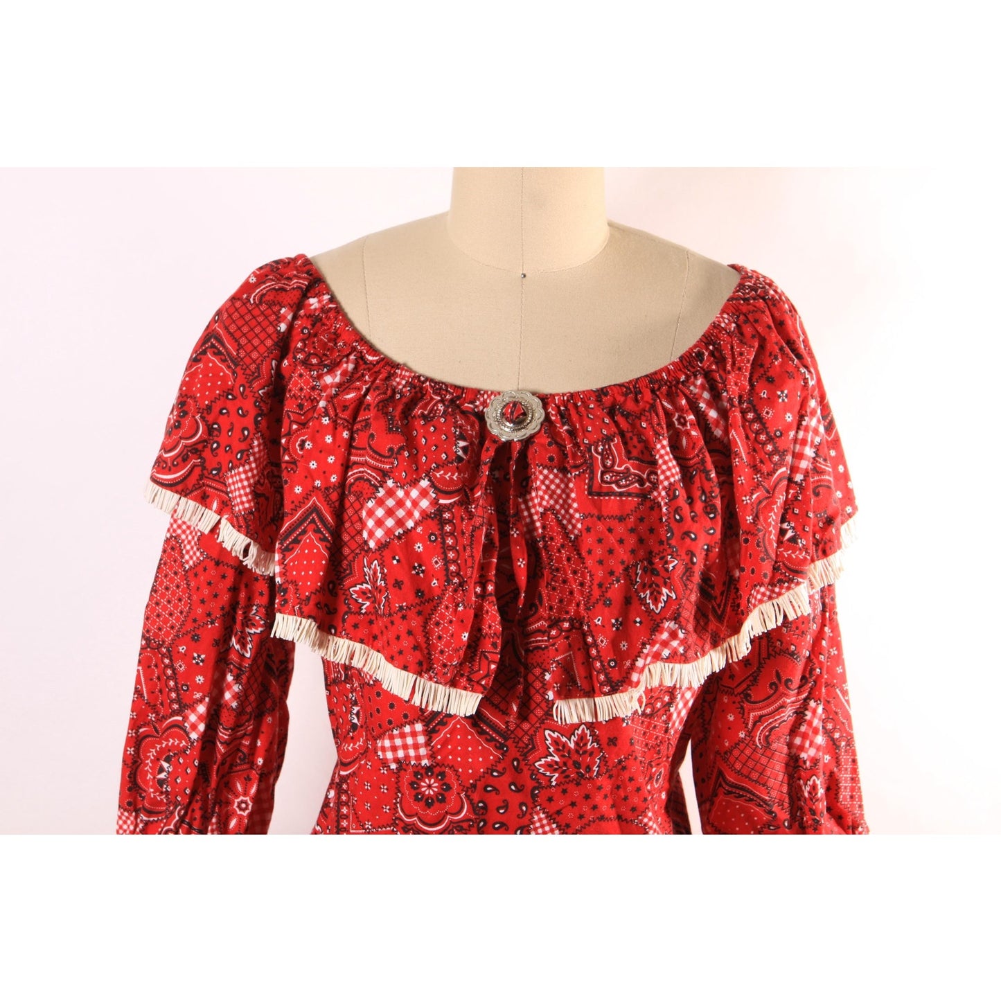 1980s Red, Black and White Novelty Bandana Print Fringe Trim Western Cowgirl Off the Shoulder Blouse Top -M