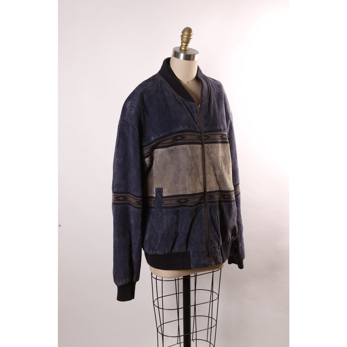 1980s Navy Blue and Gray Suede Leather Western Long Sleeve Zip Up Front Coat by Scully -L