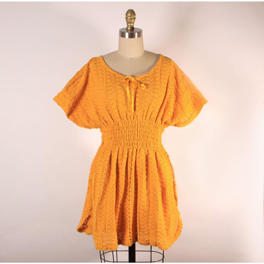 1970s Golden Harvest Yellow Smocked Short Sleeve Knit Blouse -L