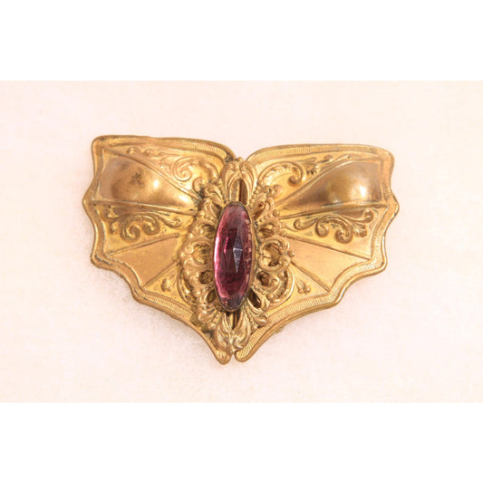 1930s Art Nouveau Gold Tone Metal Purple Stone Gothic Bat Wing Belt Buckle