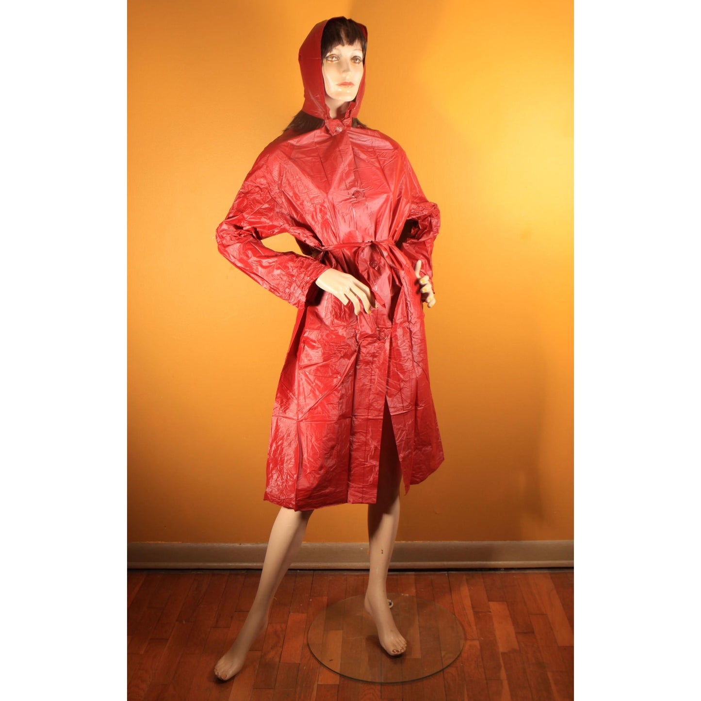 Deadstock Late 1970s Early 1980s Dark Red Vinyl Detachable Hood Raincoat by Aqua Queen