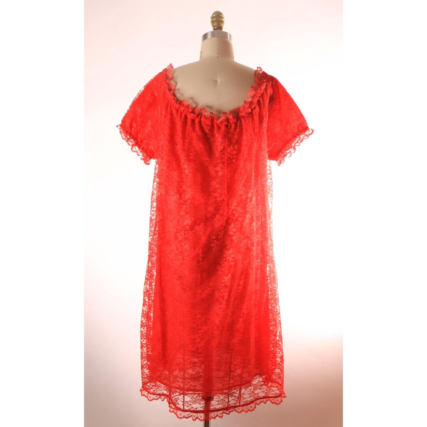 1960s 1970s Sheer Red Lace Overlay Short Sleeve Off the Shoulder Lingerie Night Gown -2XL