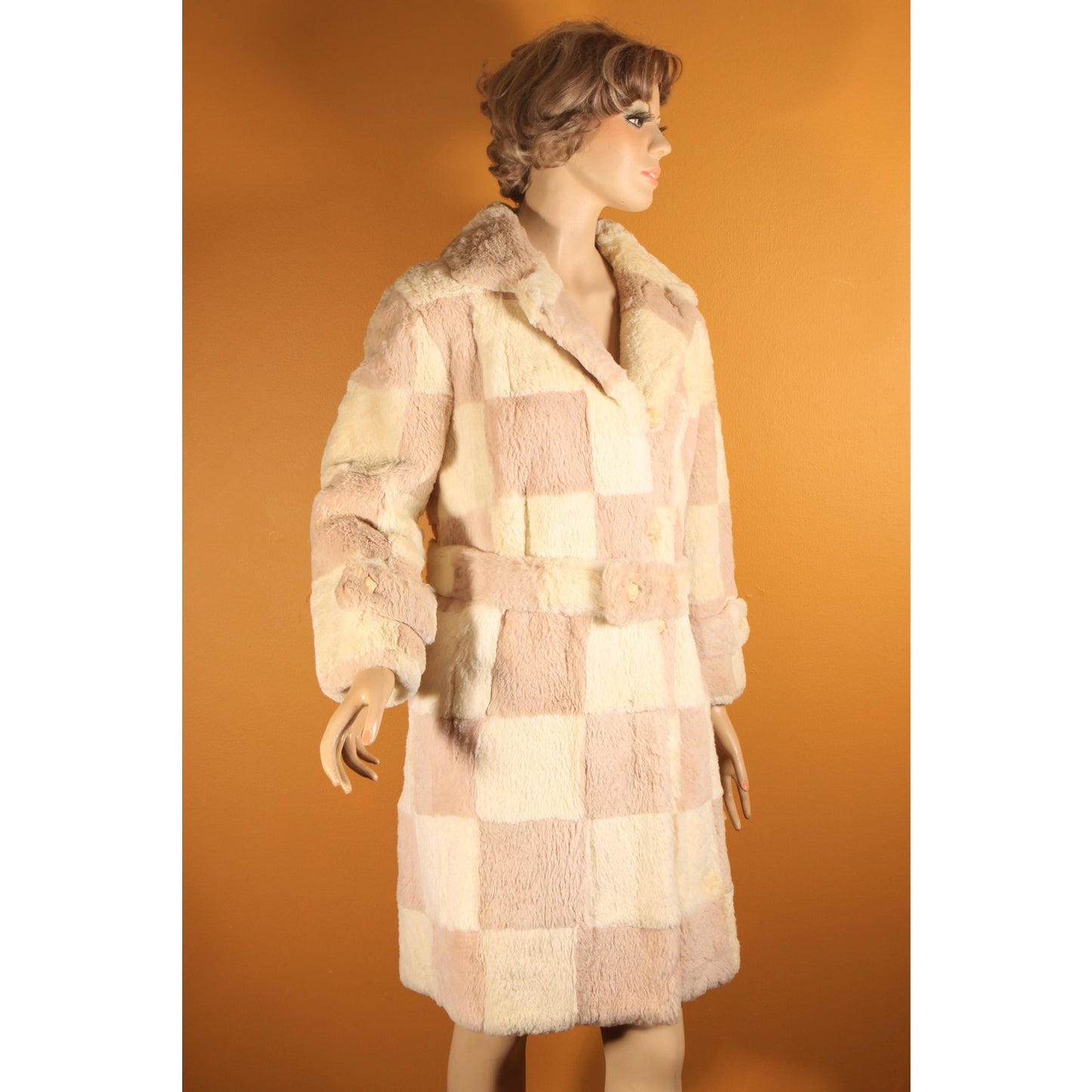1960s Light Pink and White Sheared Dyed Chinchilla Fur Checkerboard Mod Belted Coat by Famous Barr -M-L